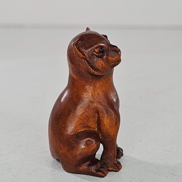 Netsuke Cat Sitting Figurine Japanese Carved Boxwood - Picture 3 of 8